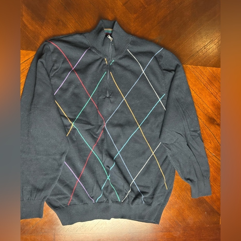 Alan Flusser Black Argyle Zip-Up Sweater size L